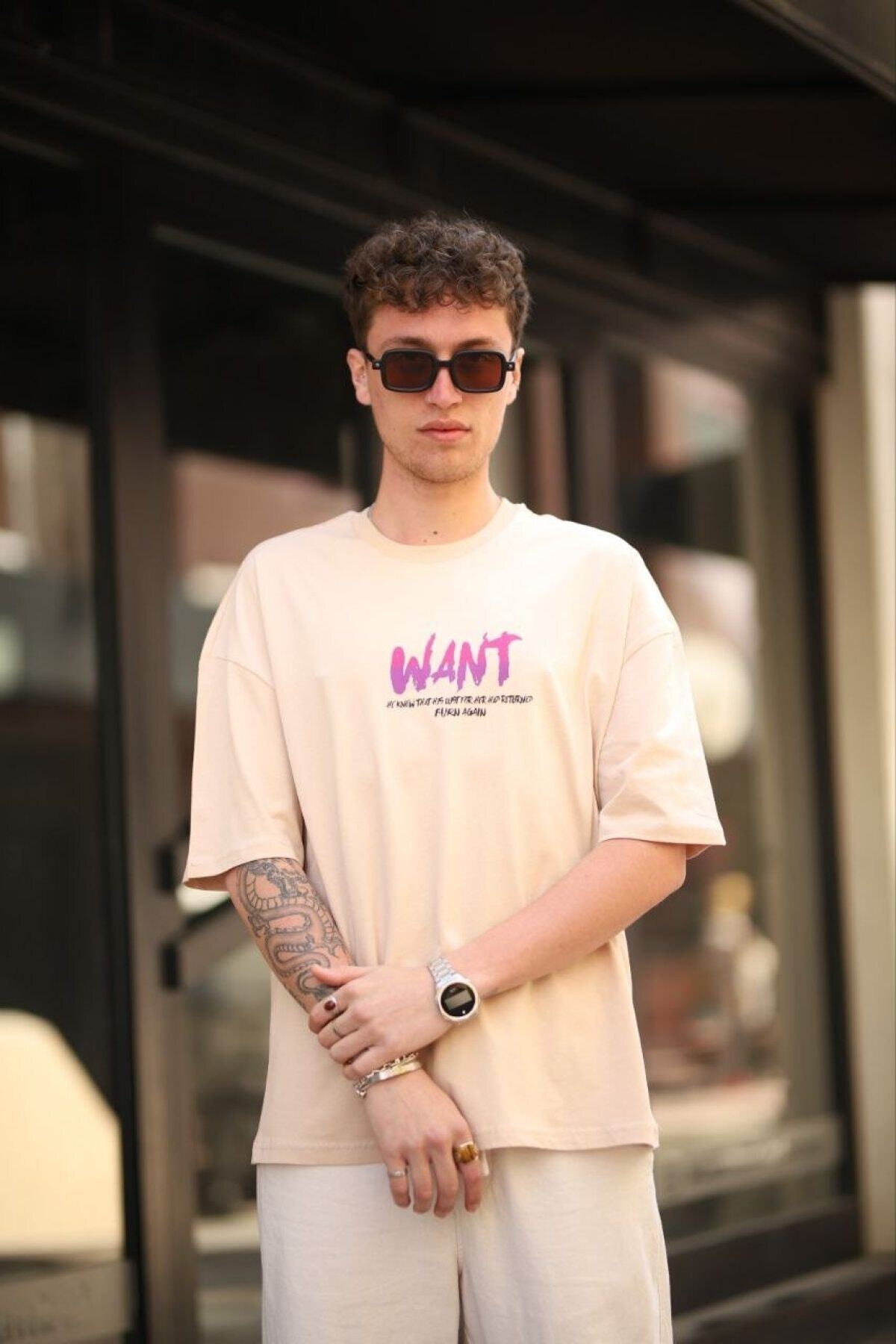 Want Baskılı Oversize %100 Pamuk Bej T-shirt