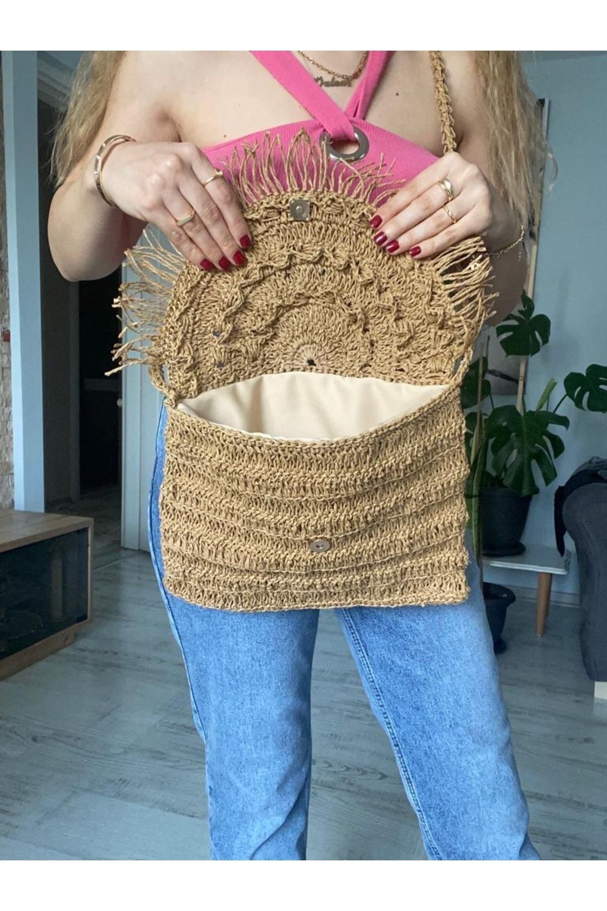 Goldenbea Straw Bag Raffia Knit Shoulder Bag Lined Model Trendyol