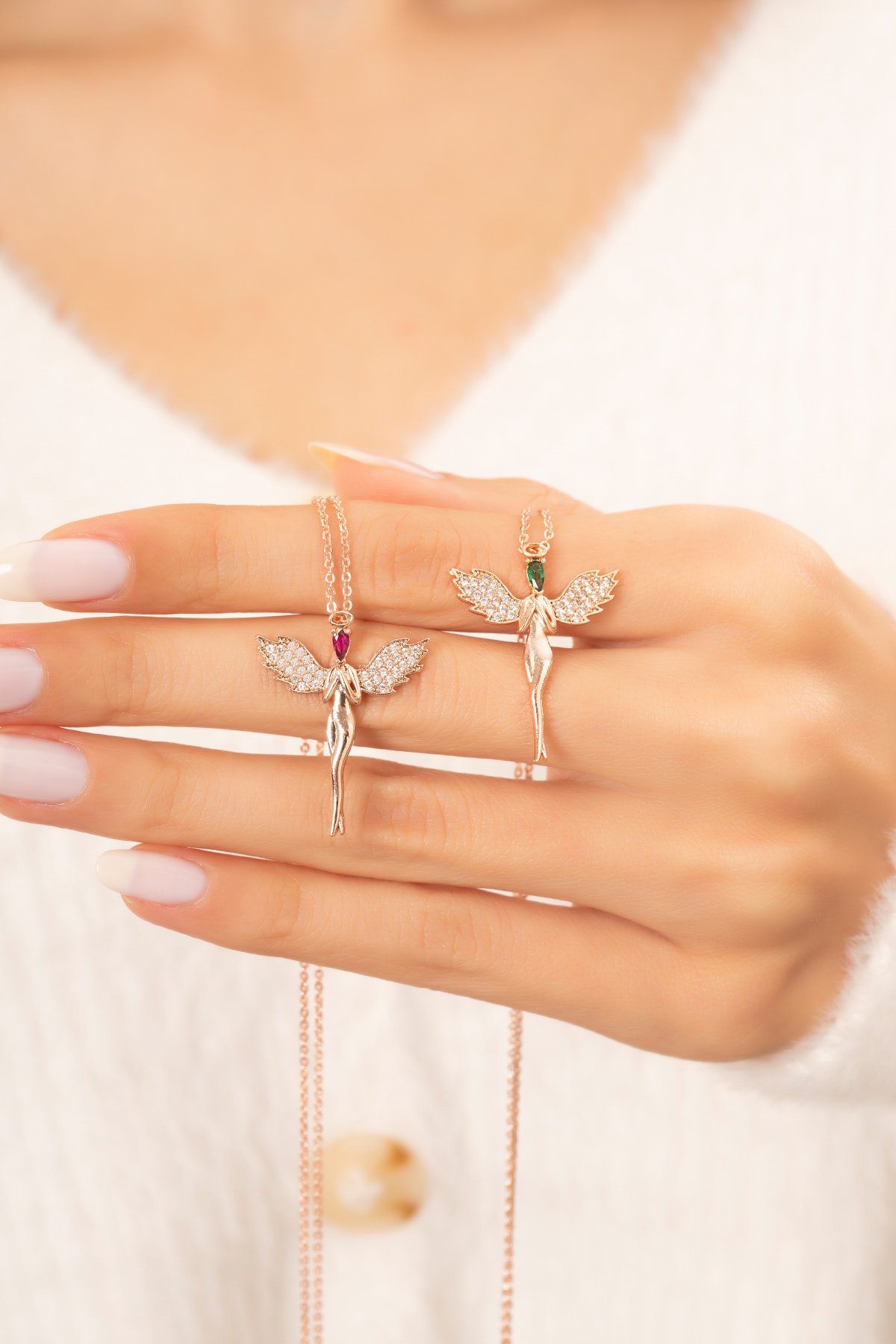 Kanatlı Melek Yeşil Taşlı 14k Rose Gold Kaplama Kadın Kolye 4