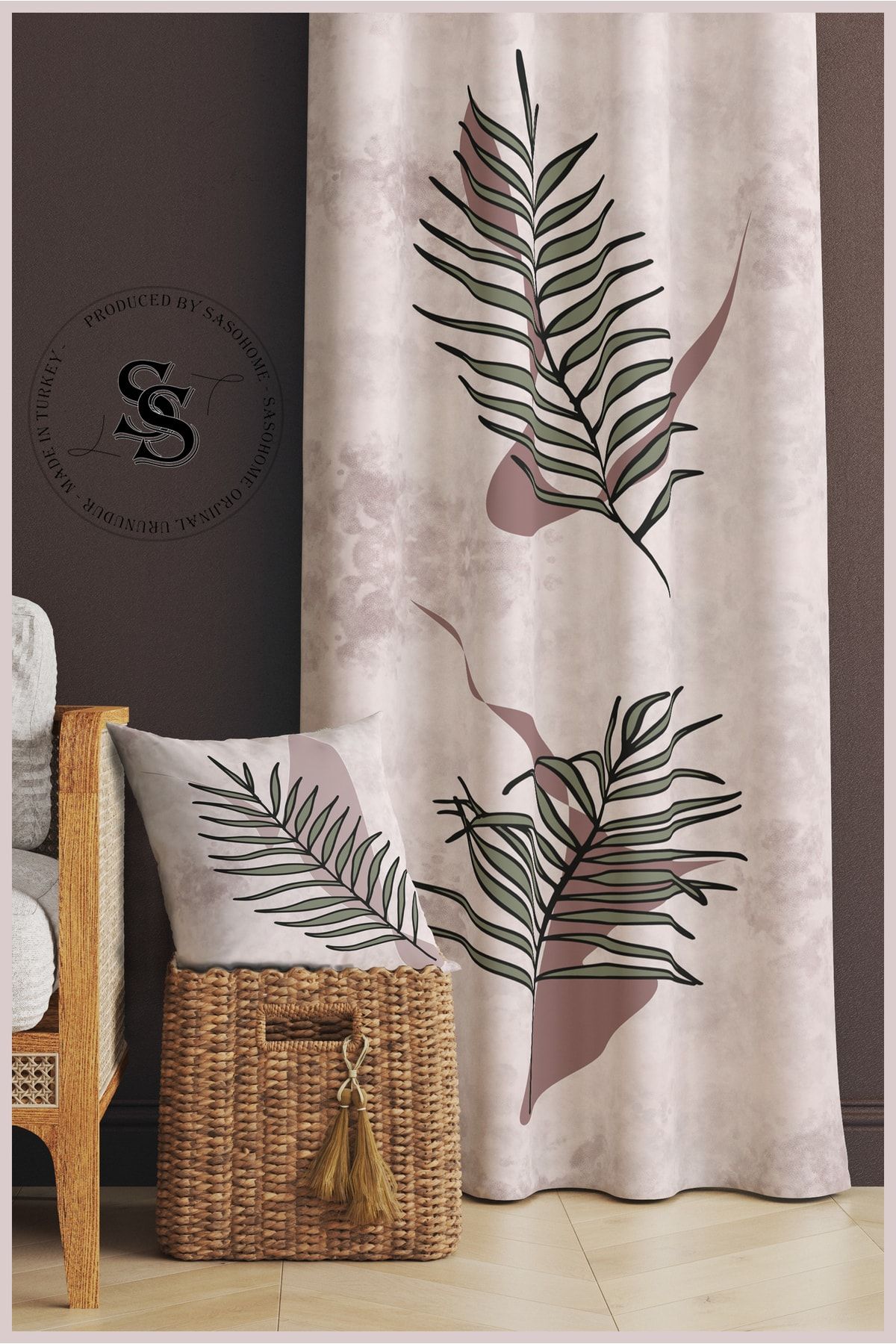 SasoHome Frunze De Palmier Verzi Moderne Pe Fundal Roz 140 X 270 Cm Cortina De Fundal Imprimată Digital De Calitate - 140 x 270