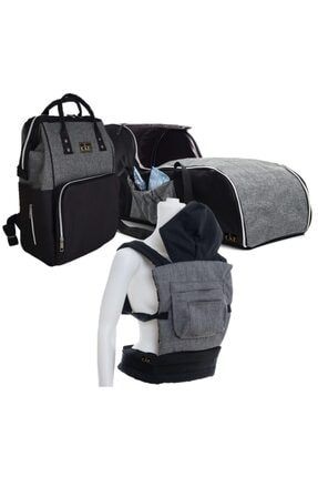 Düz gri Siyah Portbebe Ana Kucağı + Bebek Taşıma Kanguru + Bebek Bakım Çantası 3 Lü Set PST1X2X3X
