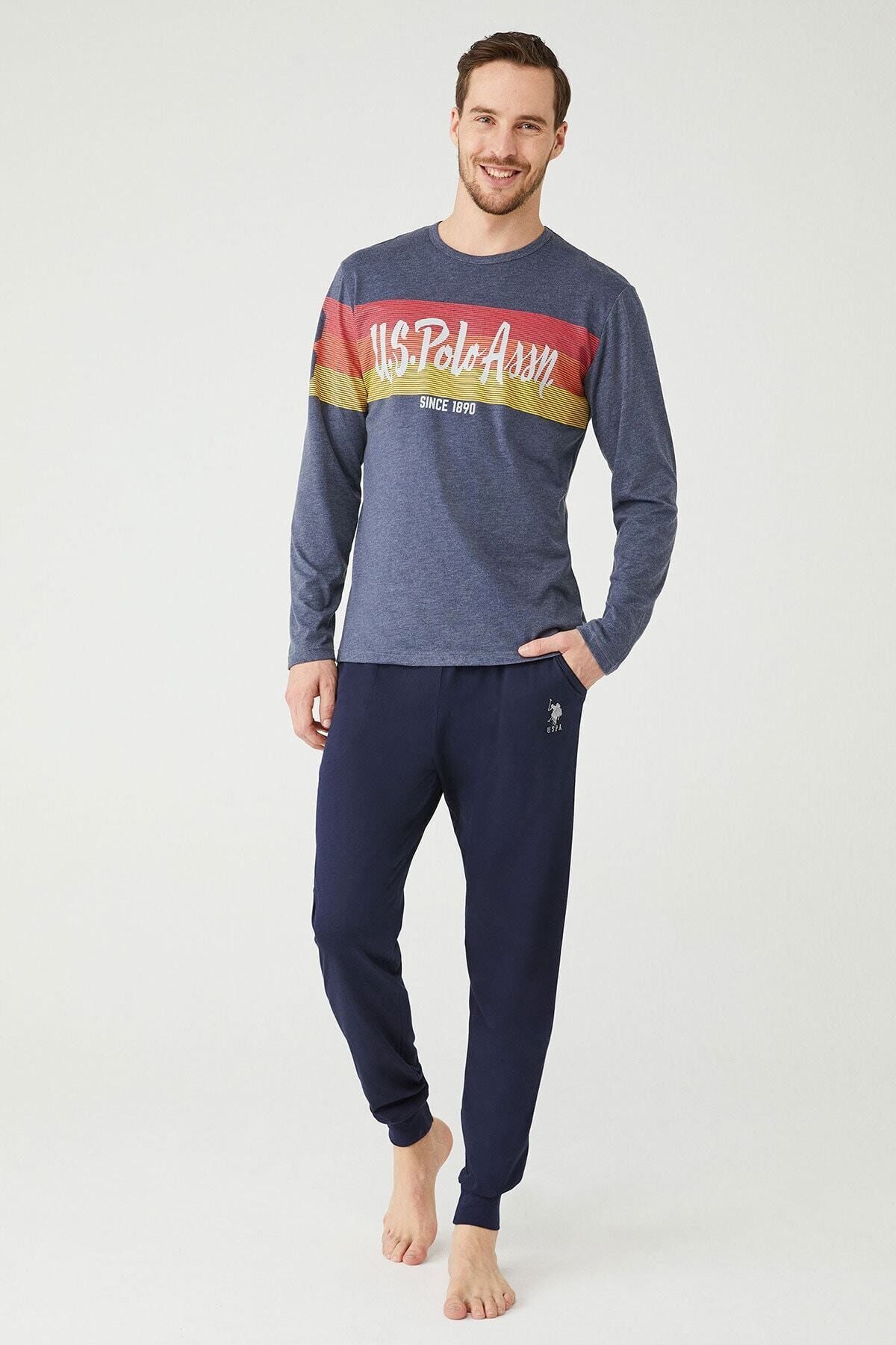 ست پیژامه آبی مردانه پایه. پولو اسن. لباس خواب یقه گرد 18353 U.S. Polo Assn.