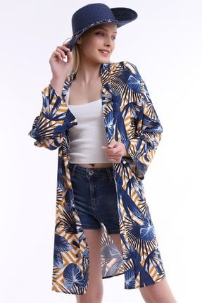 Kadın Koyu Mavi Yaprak Desenli Uzun Kimono 6974KDNDSNLİKMNO