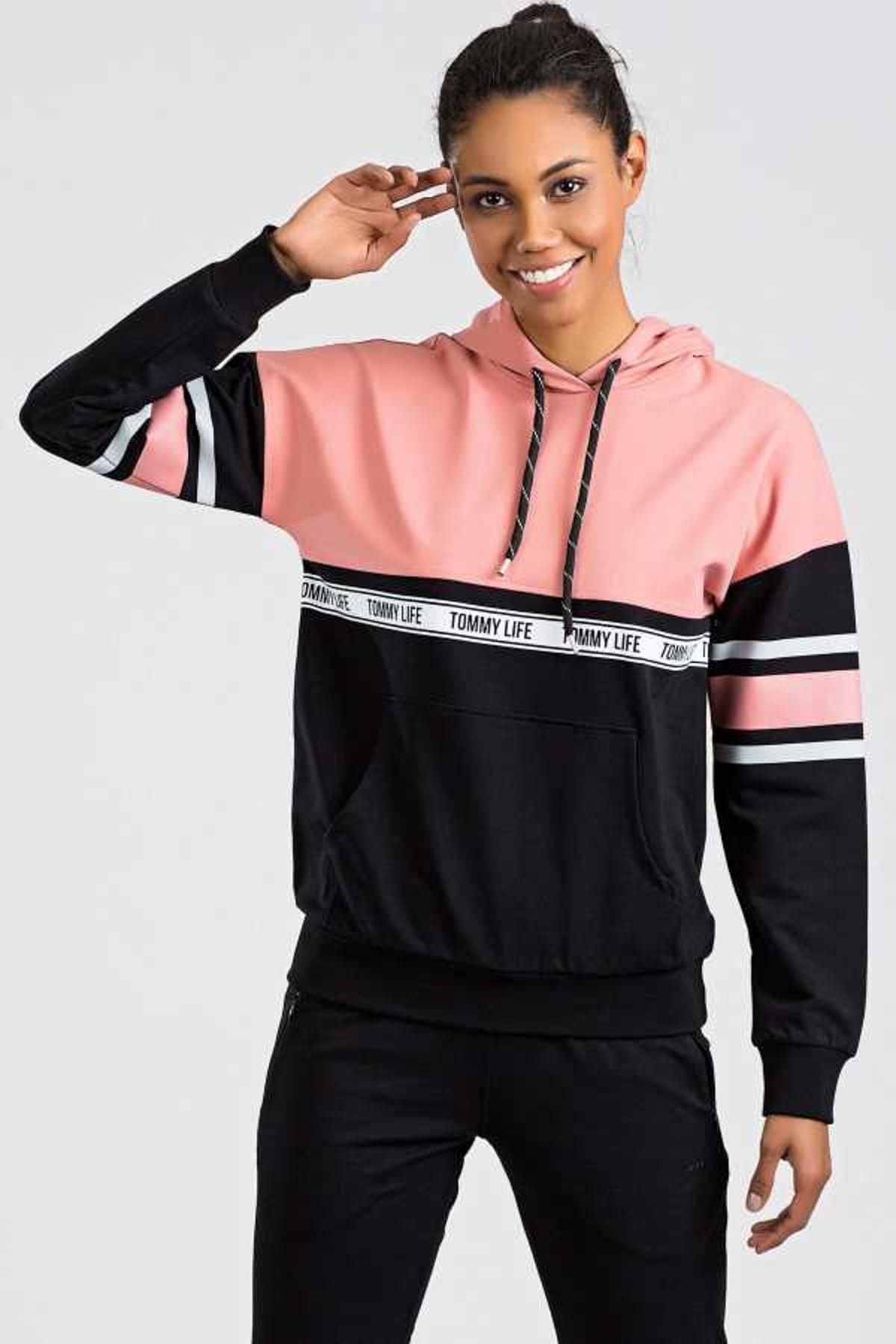Tommy Life Kol Baskılı Pudra-Siyah Kadın Eşofman Takım 3486 VB8826