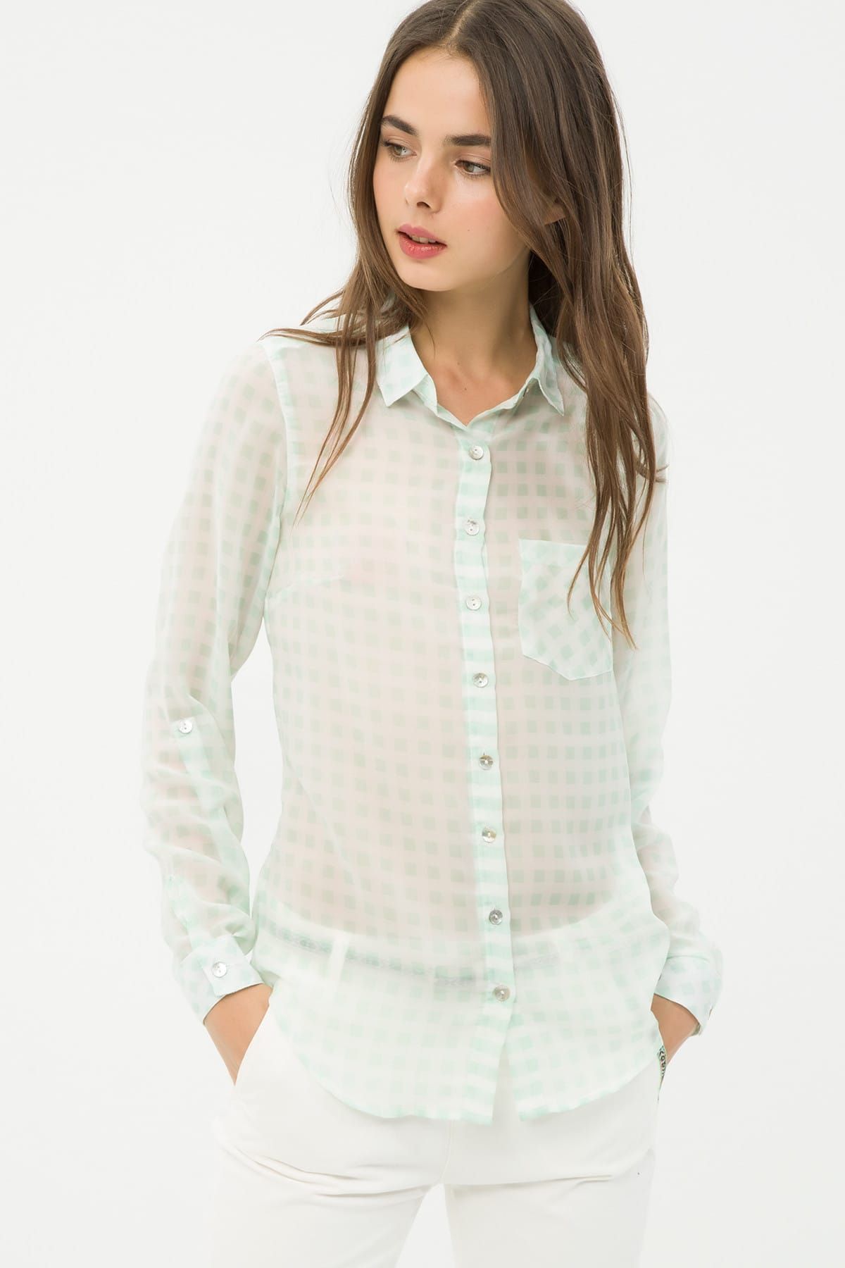 Koton-Women's Green Plaid Shirt 6YAL61565JW 1