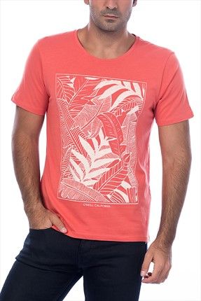 Erkek T-Shirt - Palm's Erkek Bisiklet Yaka Baskılı Turuncu Tişört - 602342-3082