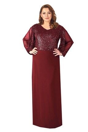 Kadın Bordo Renkli Büyük Beden Payetli Krep Abiye Elbise 9129-2746