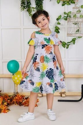Kız Çocuk Yaprak Desenli Omzu Acık Elbise YAPRAKLELBSE01