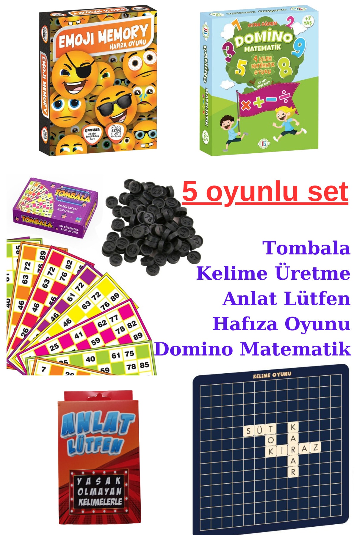 5li Yılbaşı Oyun Seti- Tombala, Kelime Oyunu, Emoji Memory, Domino Matematik. Tonbala