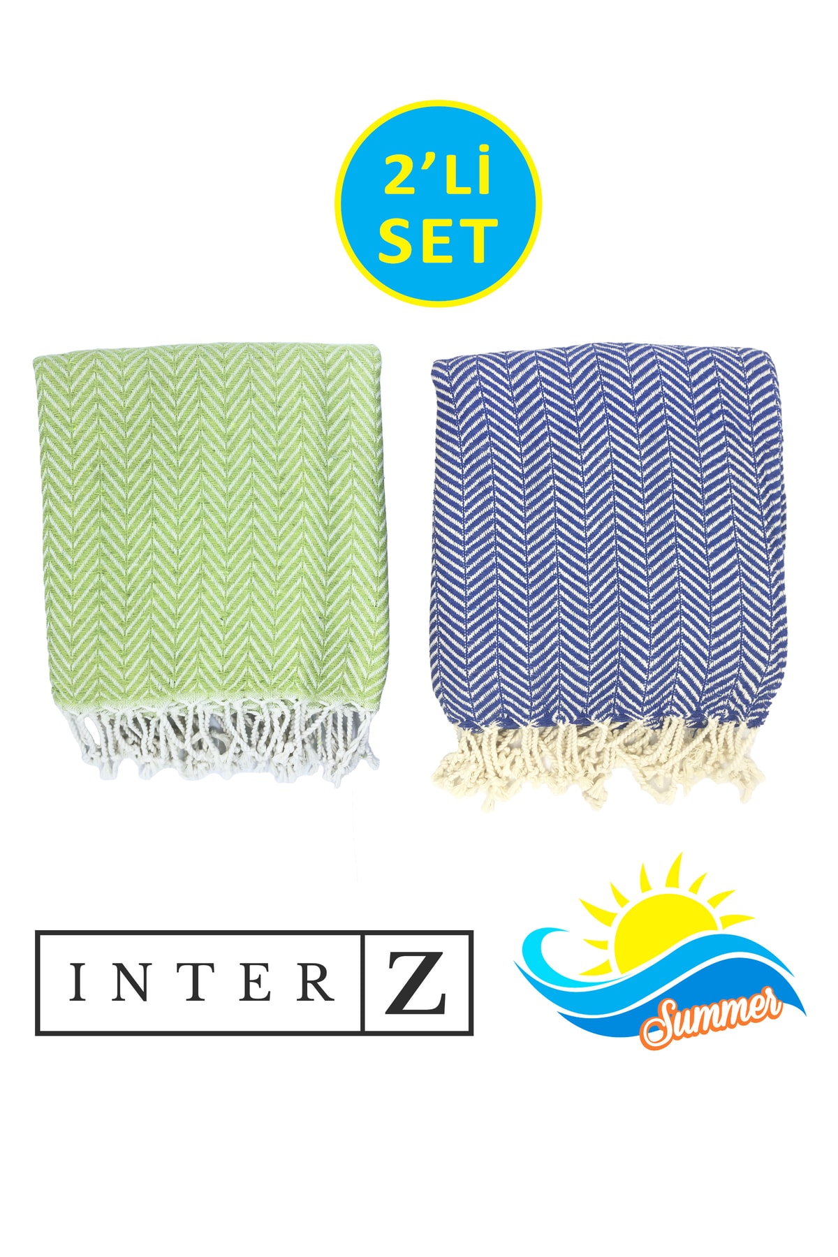 INTER Z 2'li Set Peştemal Plaj Havlusu , %100 Pamuk , Xxl 100x180cm, Marmaris, Fıstık Yeşili Laciver