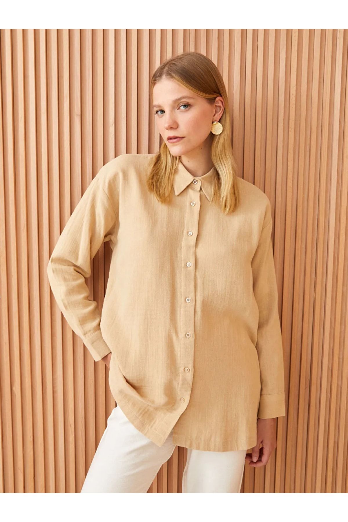 LC Waikiki Lcw Skromna Damska Tunika Z Kołnierzykiem, Długim Rękawem, Oversize I Muślinem Unisex - 44