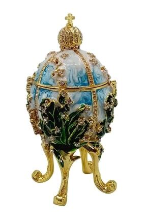 Dünyadan Hediyeler Faberge Yumurta Taşlı Lüks Mücevher Kutusu Mavi Yeşil 12cm...