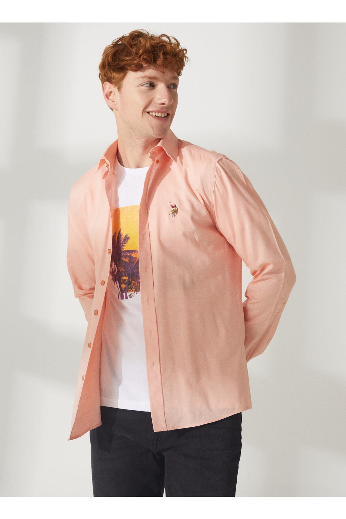 یو اس پولو تی‌شرت مردانه نارنجی یقه دکمه‌دار Cedcolor023y