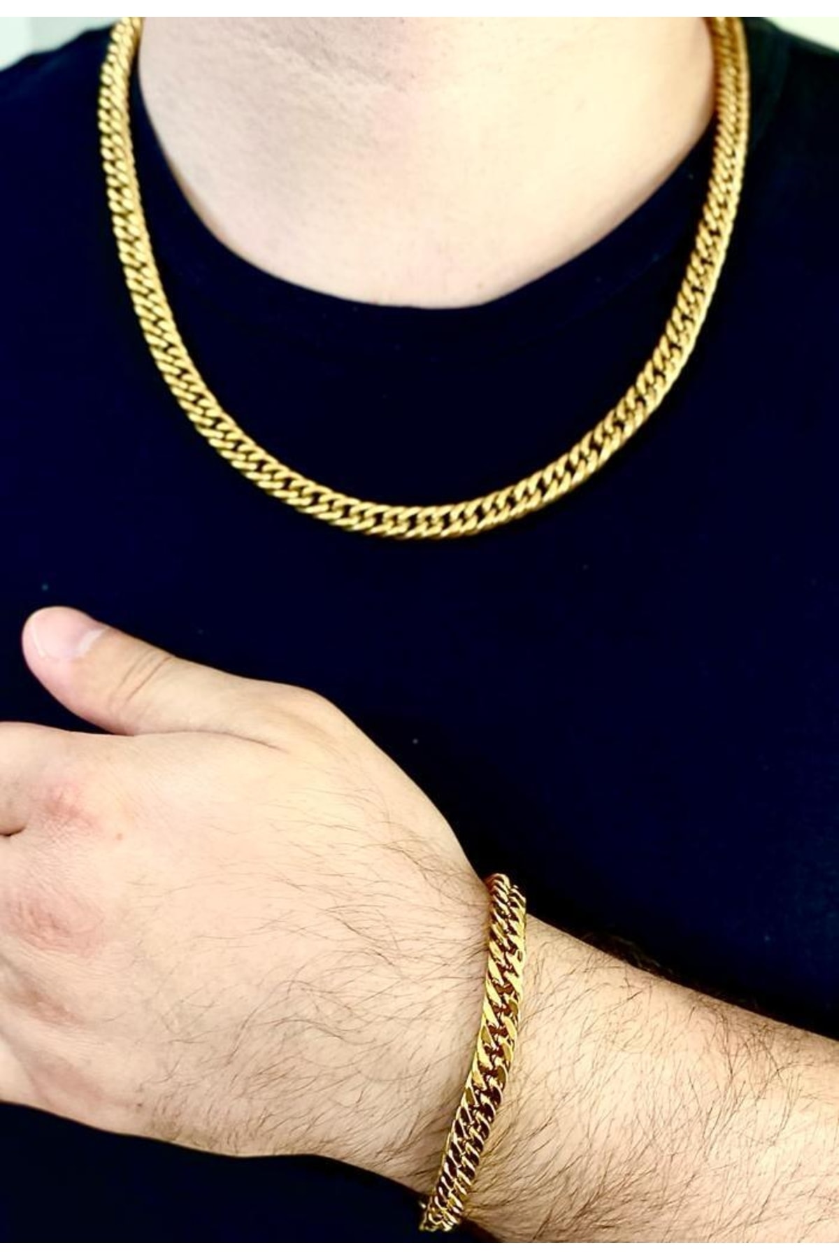 Bay hediye Altın Renk Kalın Klasik Zincir %100 Çelik Kolye Ve Bileklik Set