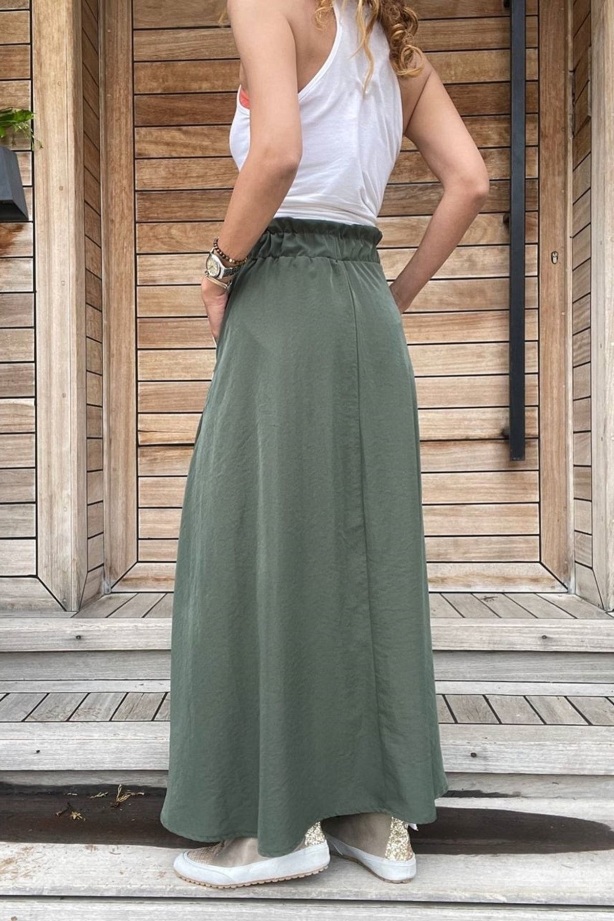 G ne k z Women s Khaki Pocket Straw Detailed Loose Kilos Skirt