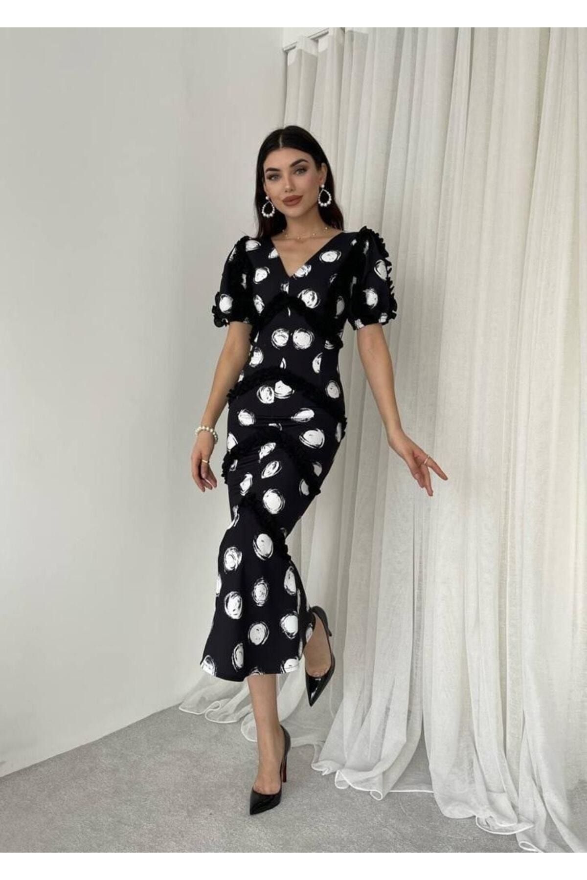 HASYAMORE Black Polka Dot Ruffle Detail Midi Length Special Design