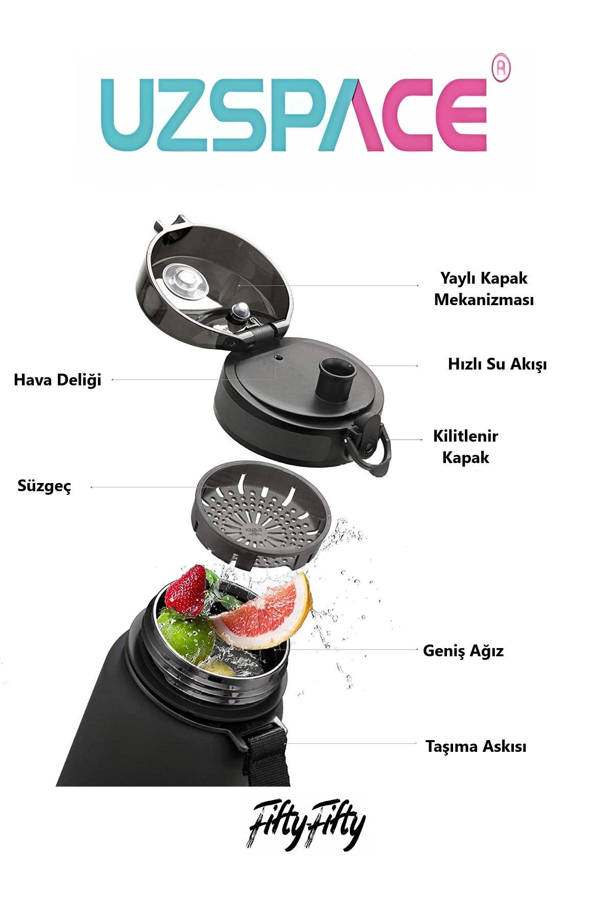 قمقمه ورزشی مشکی 800ml new size boy 25 cm trant water bpa عطر بدون نشت Uzspace