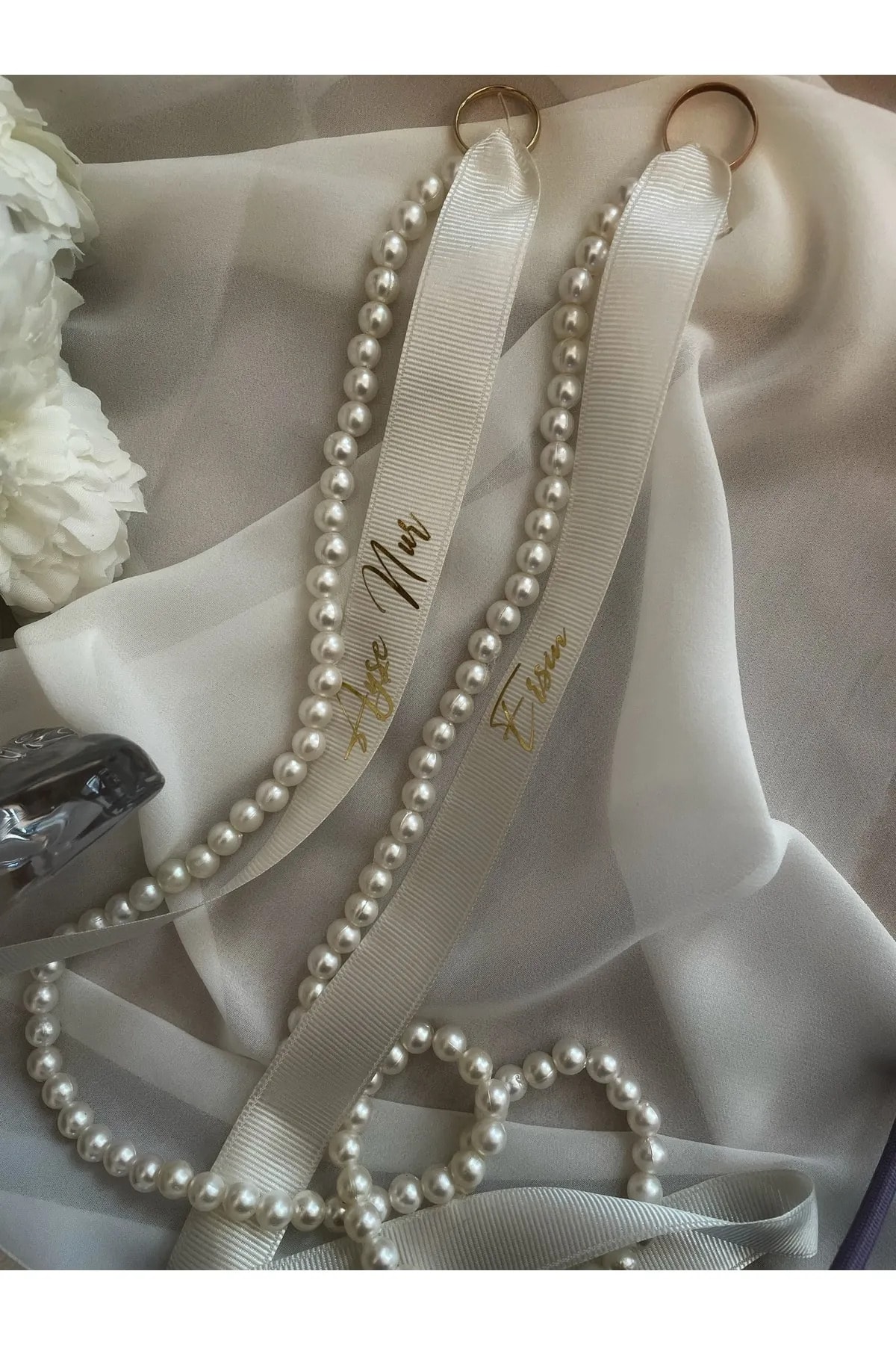 Rima Tasarım Dökülen Incili Krem Renk Söz & Nişan Kişiye Özel Yüzük Kurdelesi