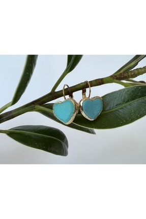 ŞİFA SHOP Firuze (turkuaz) Taşlı Altın Kaplama Minik Kalp Küpe
