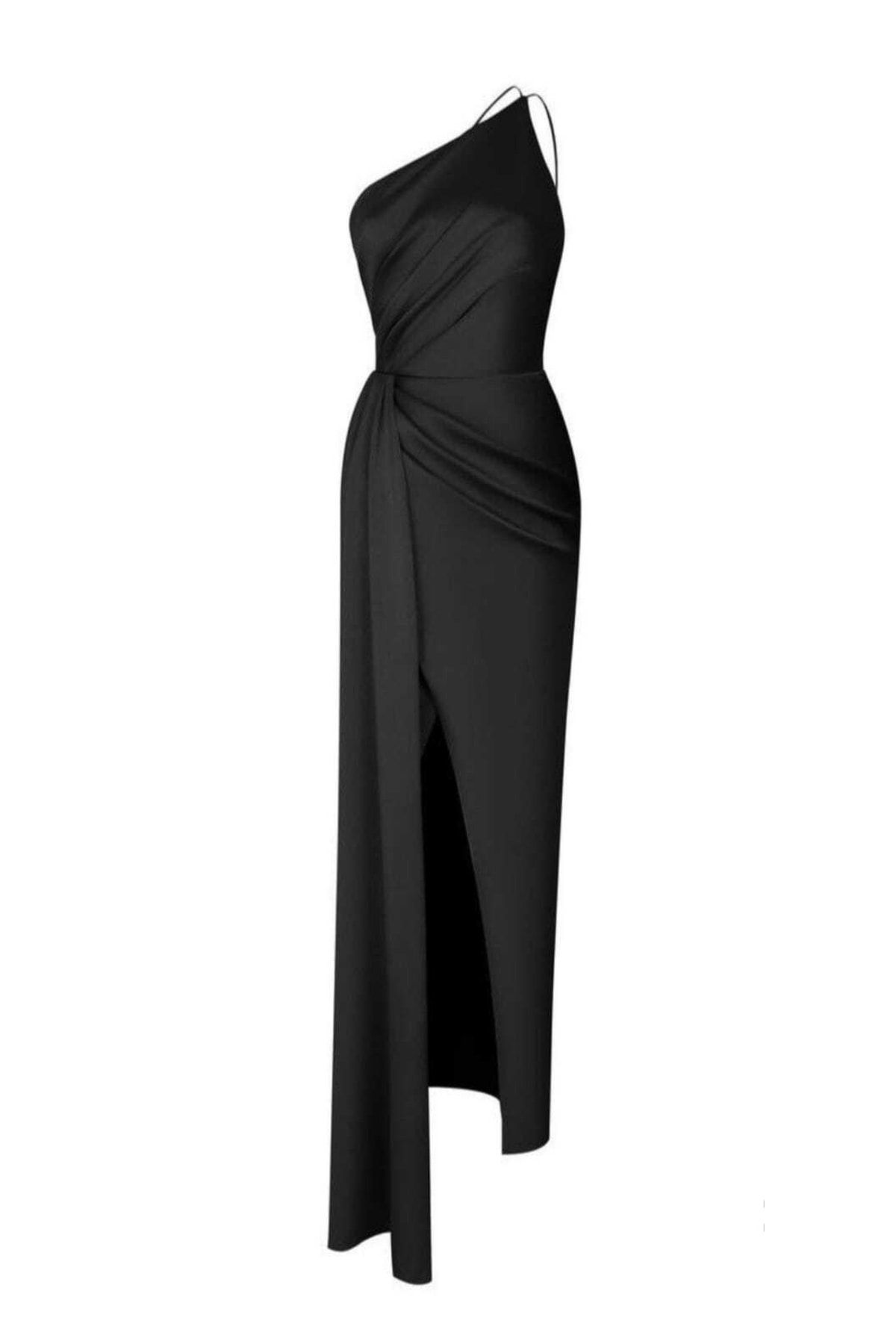 by serkan design Kadın Siyah Saten Ayarlı Toka Yırtmaç Dekolteli Pileli Maxi Elbise