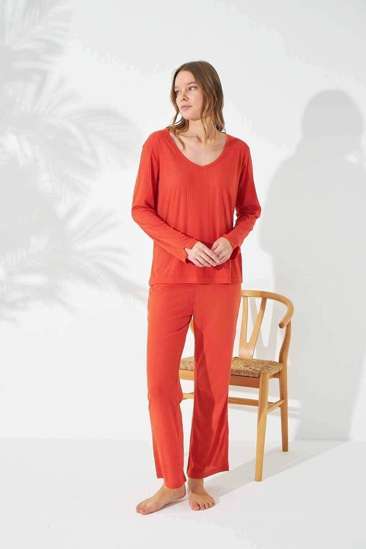 Siyah İnci-Orange Soft Touch Thin Knitted Pajama Set 2