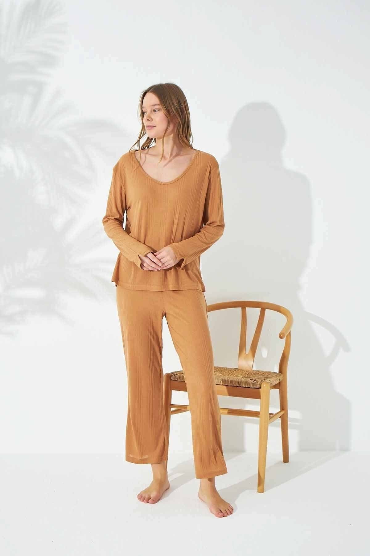 Siyah İnci-Tan Color Soft Touch Thin Knitted Pajama Set 2