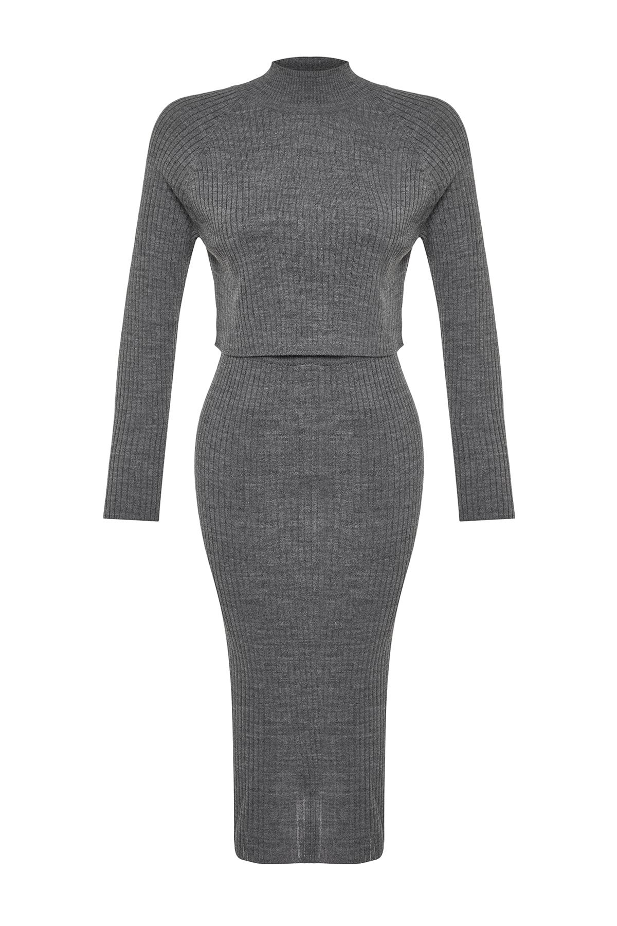 Trendyol Collection-Antracytowy dzianinowy zestaw Crop Top i spódnica - Twoaw23Au00170 6
