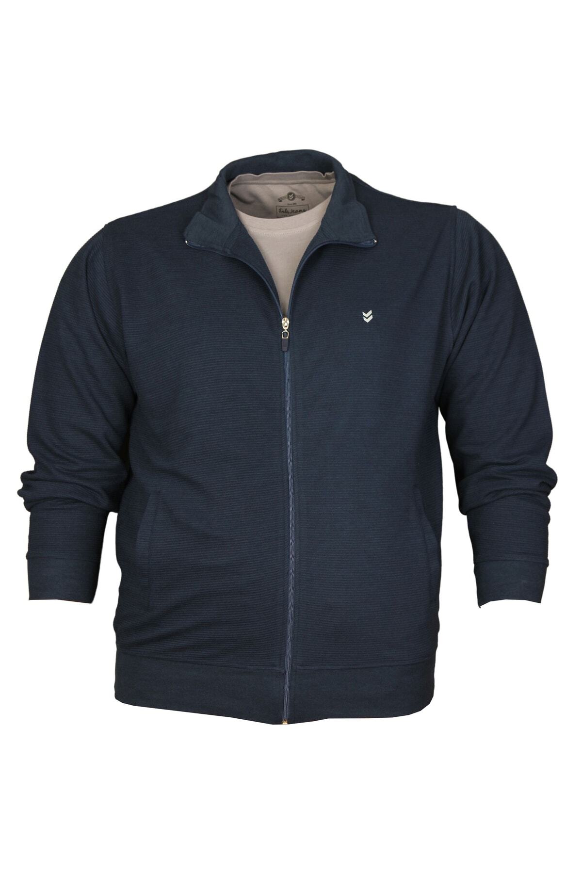 FaLa Jeans Büyük Beden Fermuarlı Penye Hırka 61008 Marine