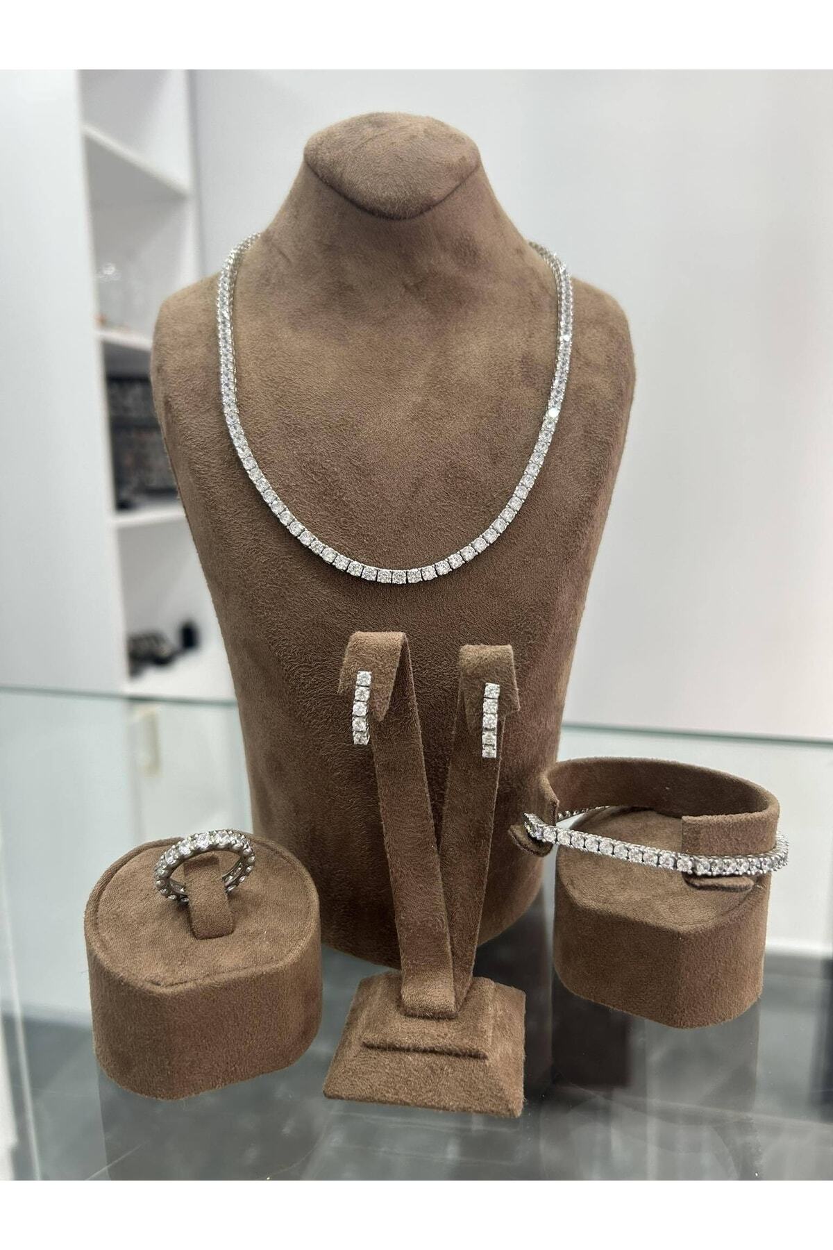 MYS kuyumculuk Ts6121363 925 Ayar Gümüş Suyolu 4mm Taşlı Kolye Küpe Bileklik Yüzük Set