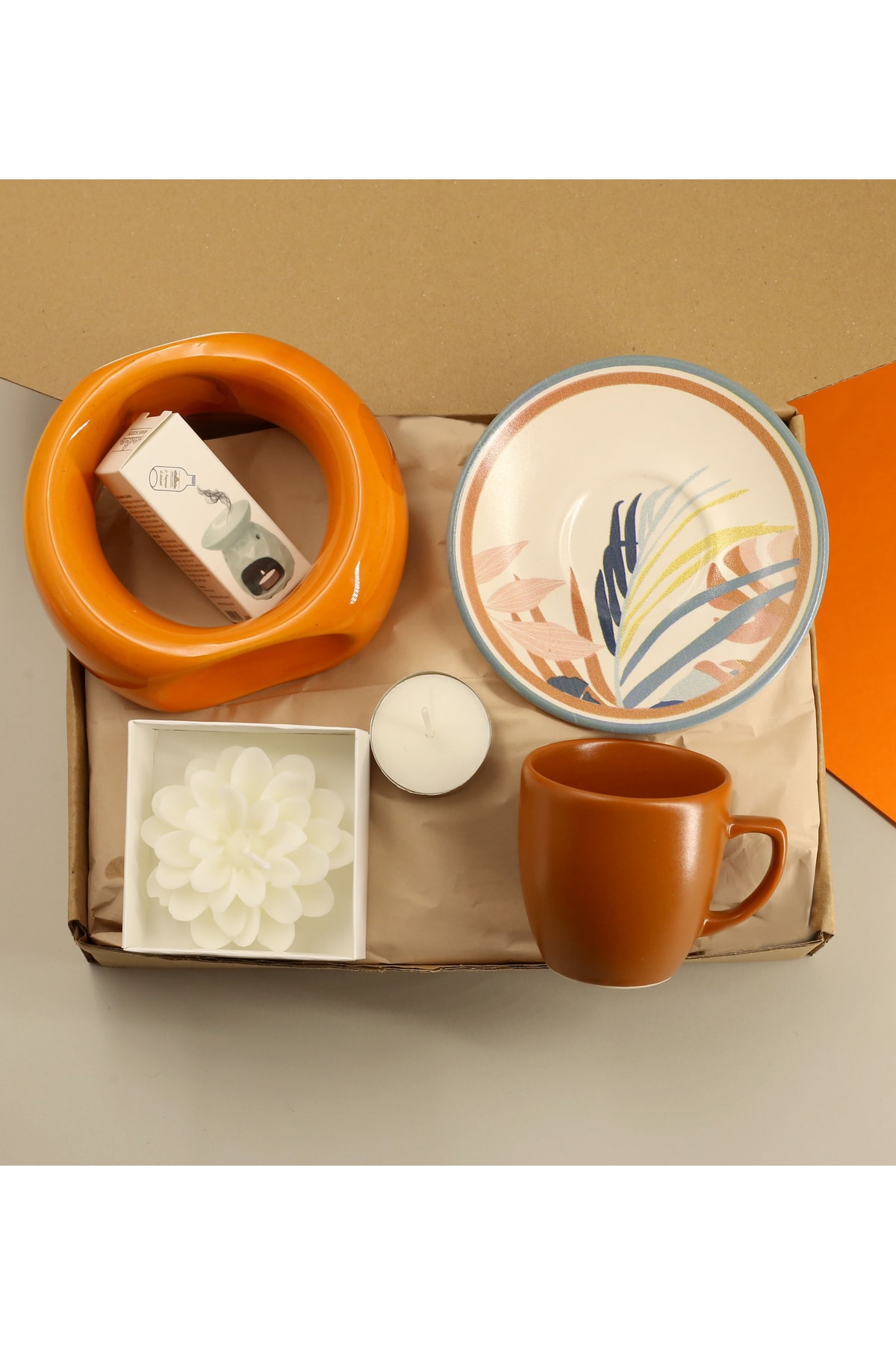 Orange Colored Ring Censer & Censer Scent & Colorful Coffee Cup & Candle Gift Set