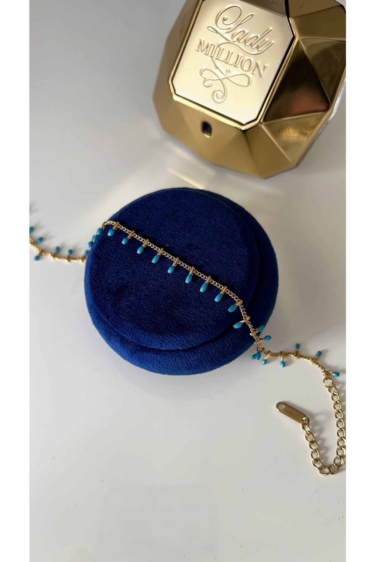 SU PERİSİ TAKI BİJUTERİ Çelik Gold Mavi Mineli Çubuk Halhal