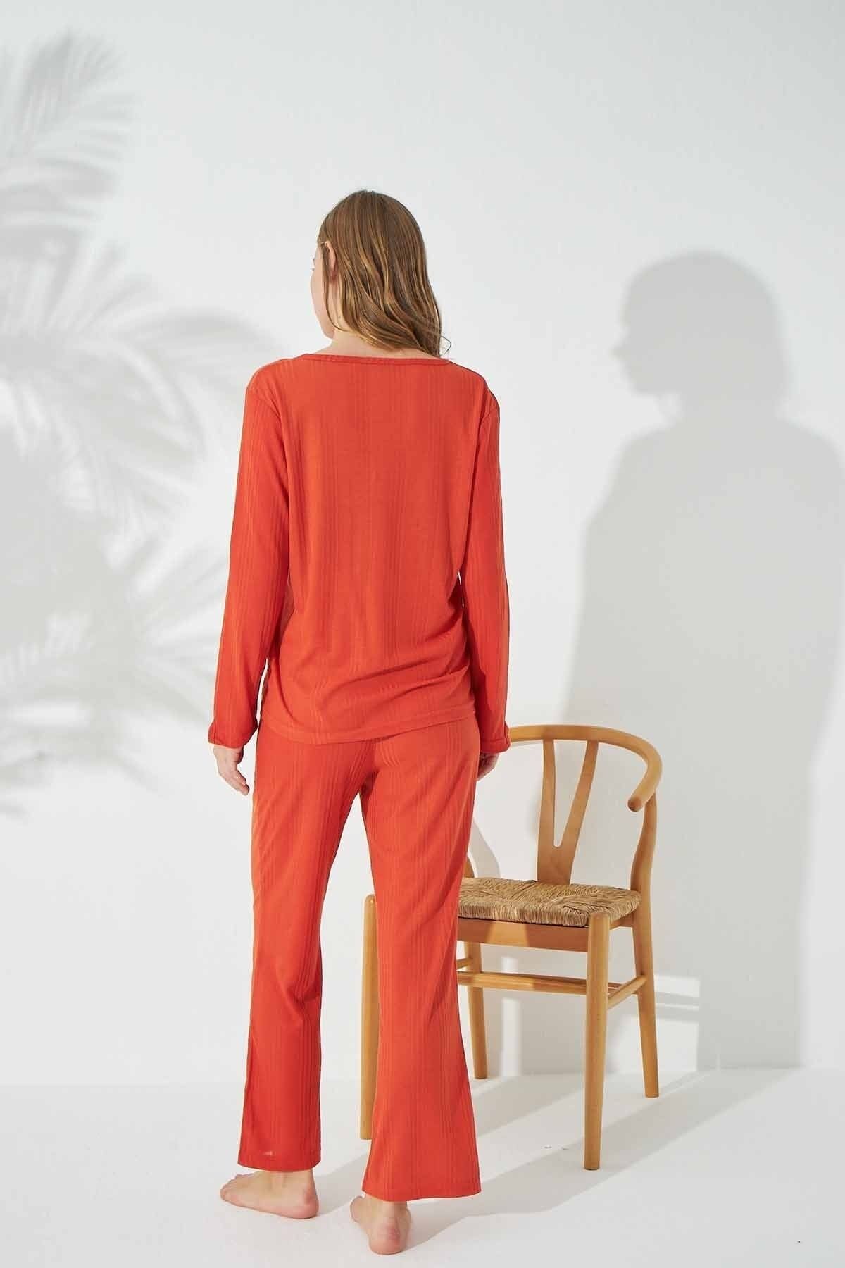 Siyah İnci-Orange Soft Touch Thin Knitted Pajama Set 3