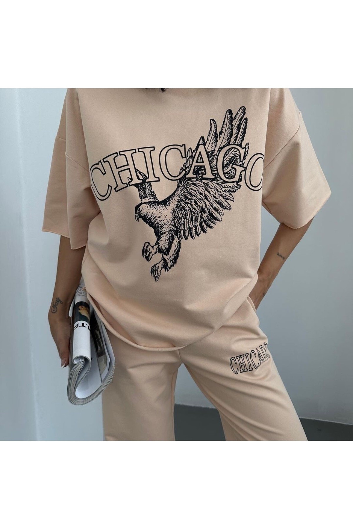 Plus Size Eagle Printed Pocket Printed Oversize Bottom Top Summer Set