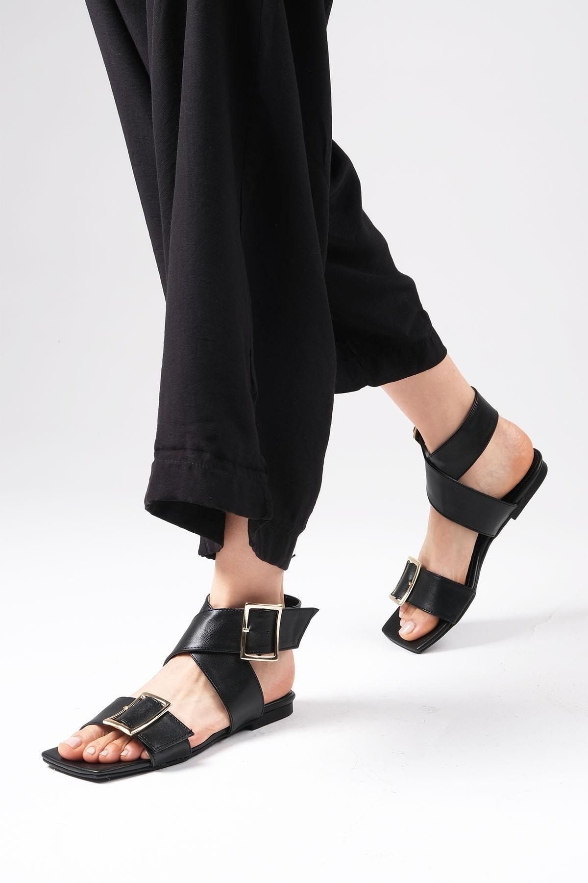 صندل مشکی زنانه سیاه Simone Color Cross Heelless Sandals Foldy Mio Gusto