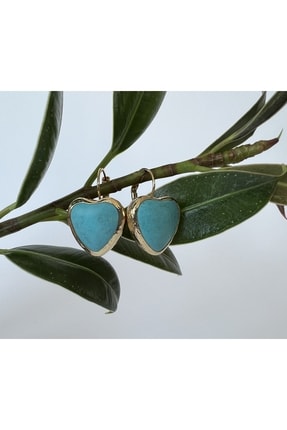 ŞİFA SHOP Firuze (TURKUAZ) Taşı Altın Kaplama Kalp Küpe