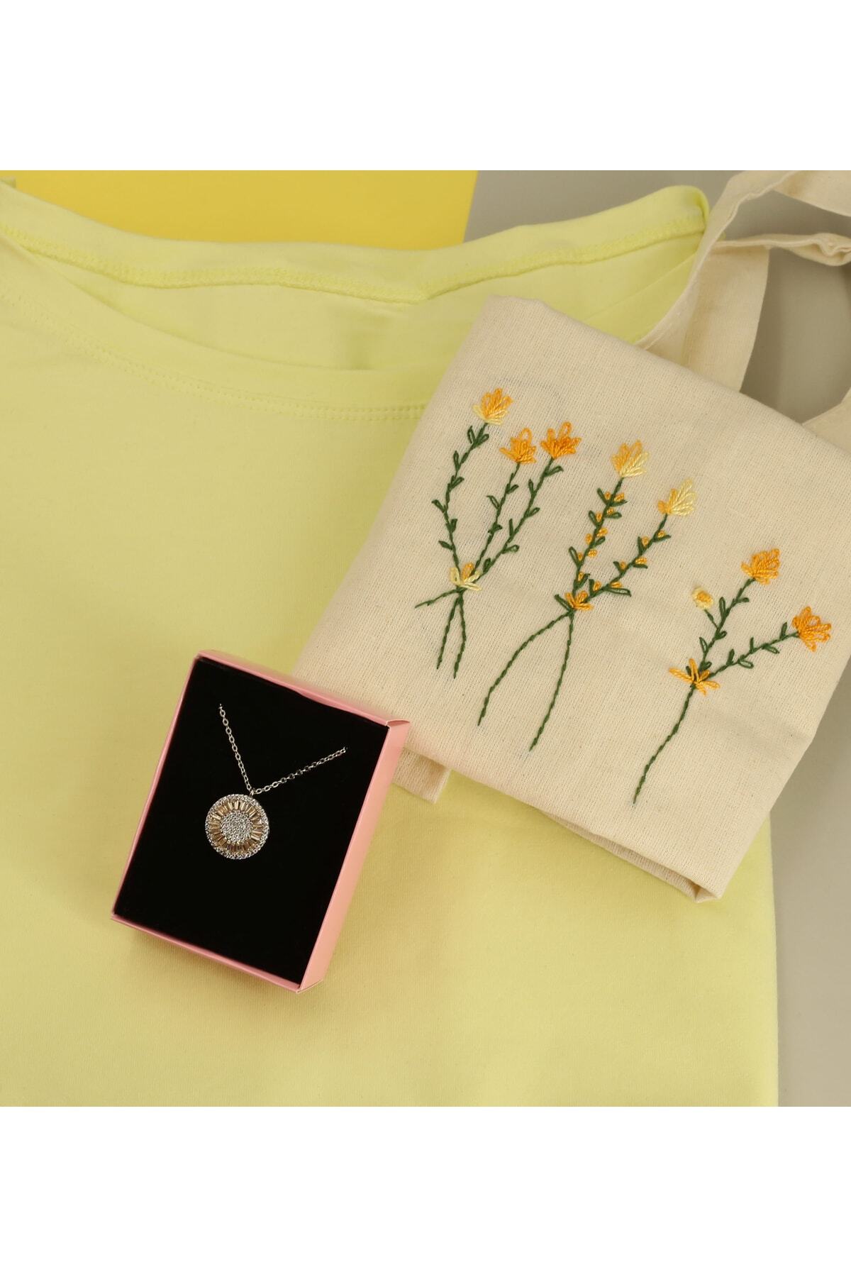 Combed Cotton Short Sleeve T-Shirt & Hand Embroidered Cloth Bag & Zircon Stone Round Baguette Gift Set