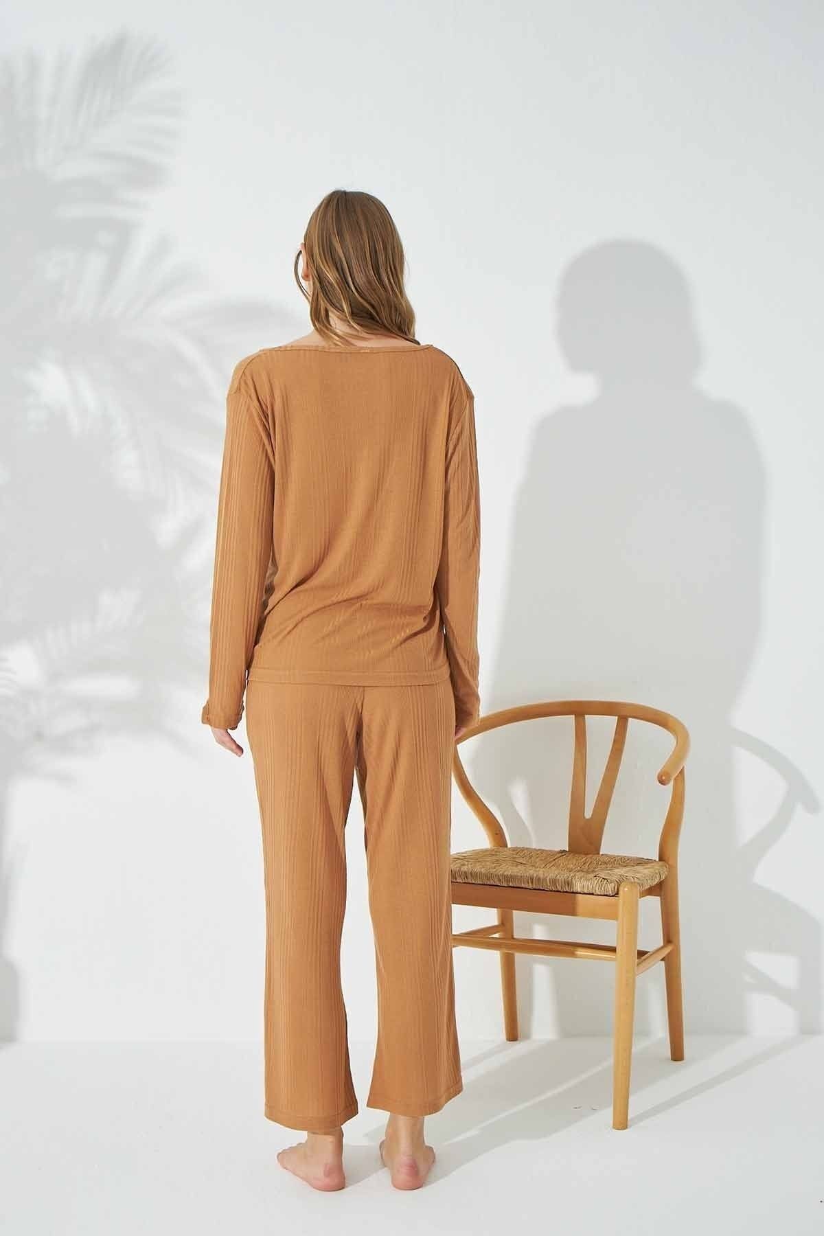 Siyah İnci-Tan Color Soft Touch Thin Knitted Pajama Set 3