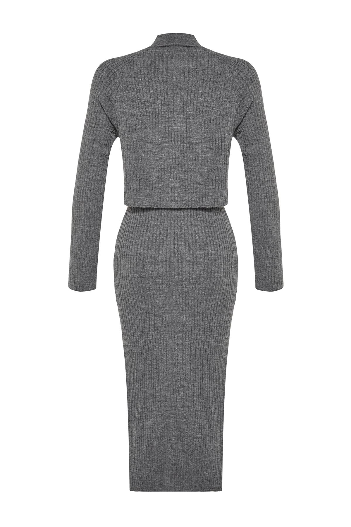 Trendyol Collection-Antracytowy dzianinowy zestaw Crop Top i spódnica - Twoaw23Au00170 7