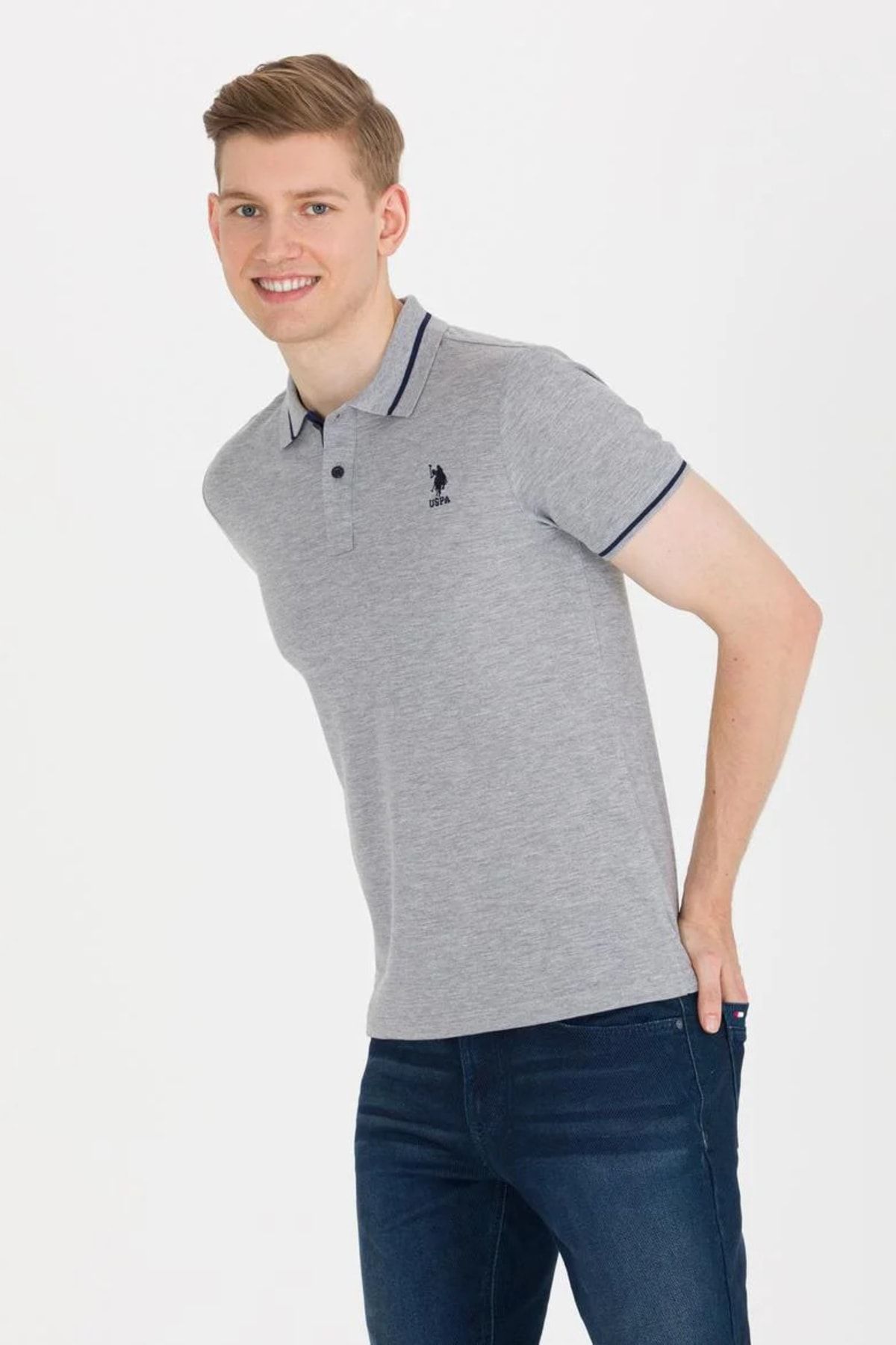 تی شرت یقه پولو خاکستری مردانه تیشرت ملانژ U.S. Polo Assn.