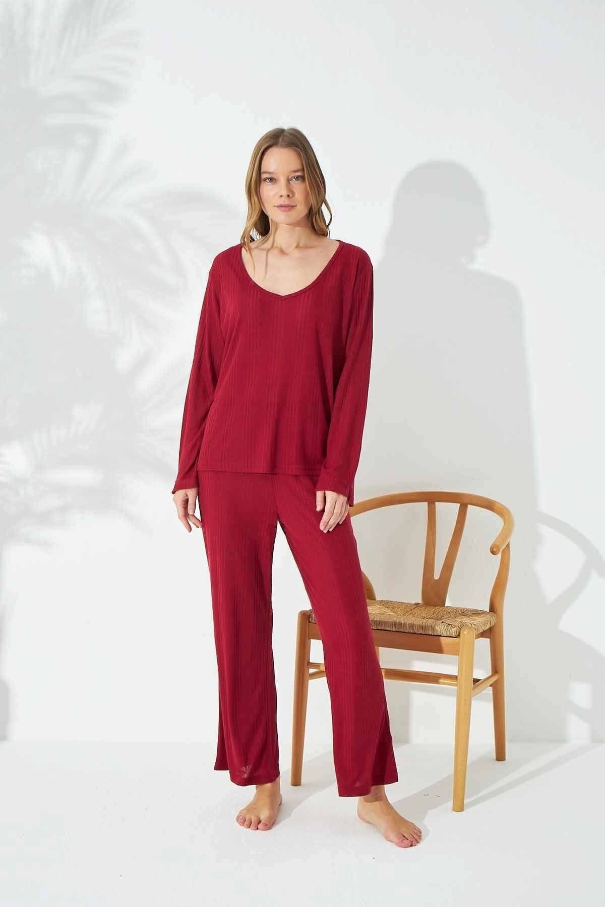 Siyah İnci-Claret Red Soft Touch Thin Knitted Pajama Set 2