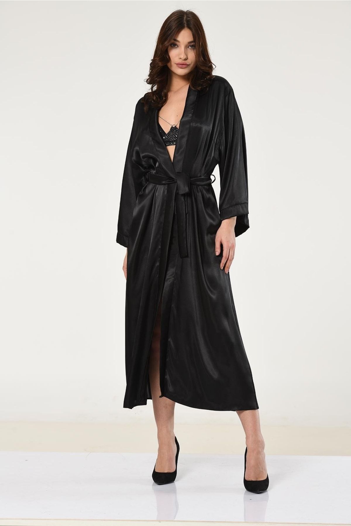 Elegant Black Satin Robe and Nightie Set