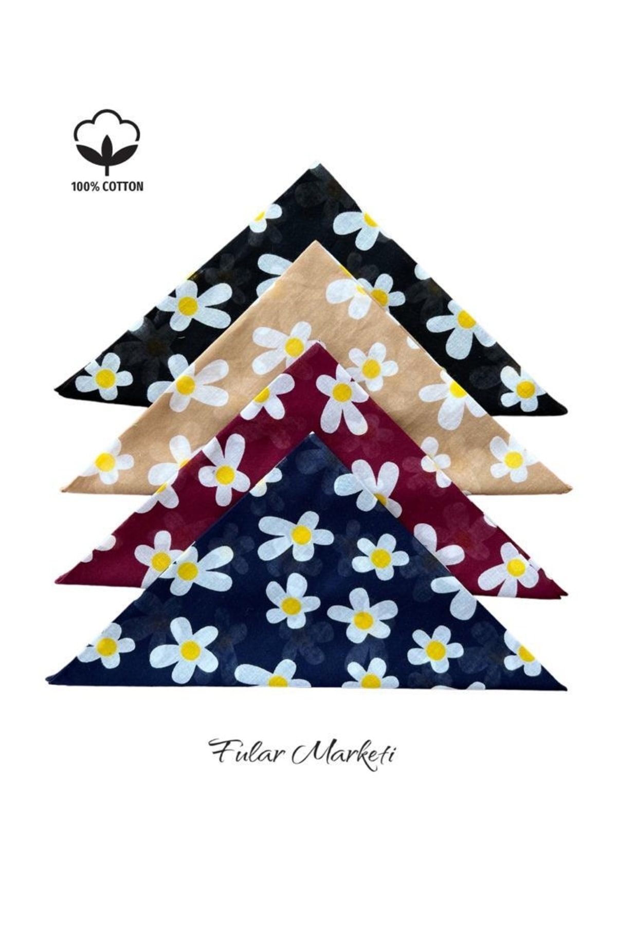 % 100 Pamuk 4 Adet Daisy Desen Bandana Siyah Sütlü Bordo Lacivert 2