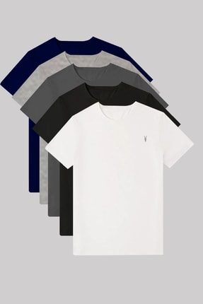 Kozik Erkek Tiş&ouml;rt Lacivert-siyah-beyaz-gri-f&uuml;me Standart Bisiklet Yaka %100 Pamuk 5'li Tiş&ouml;rt Paketi