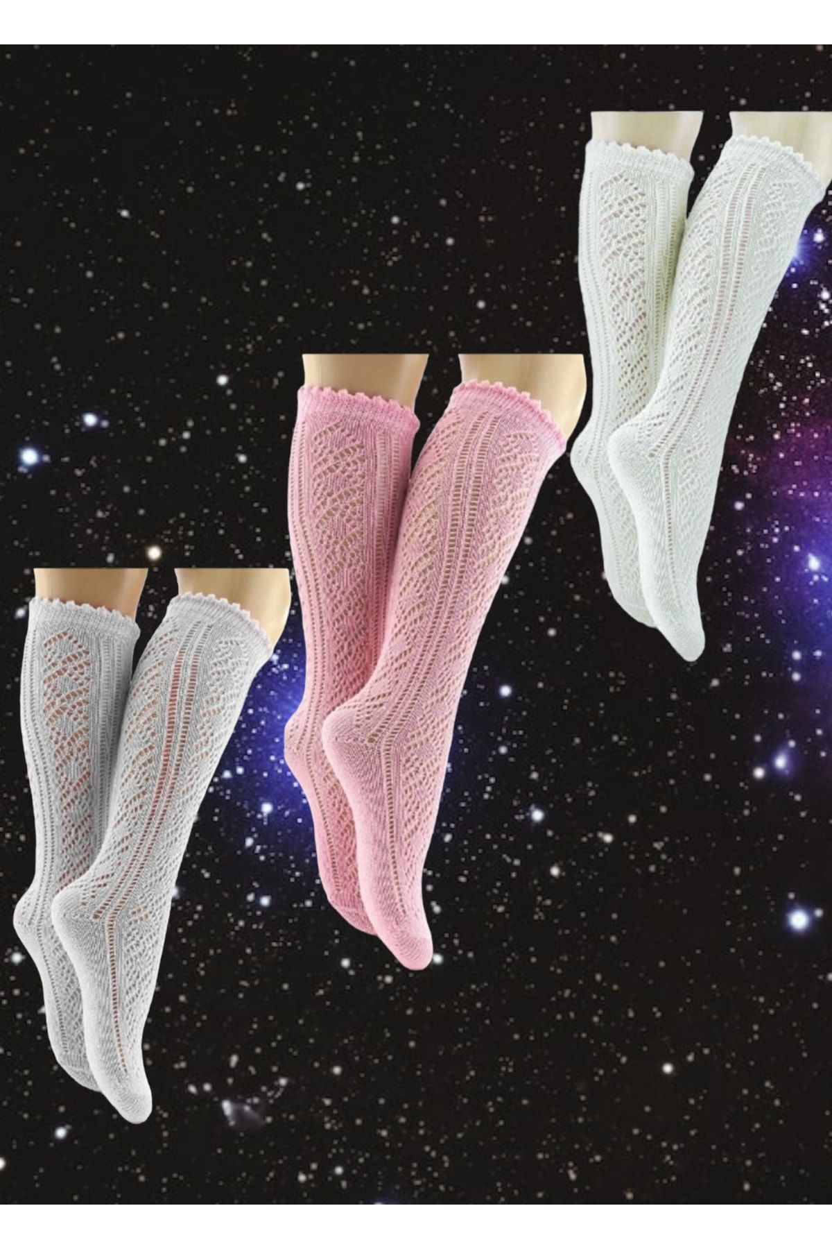 Shopiolog Lace Mesh Girls Knee Socks Set of 3 White gray Pink
