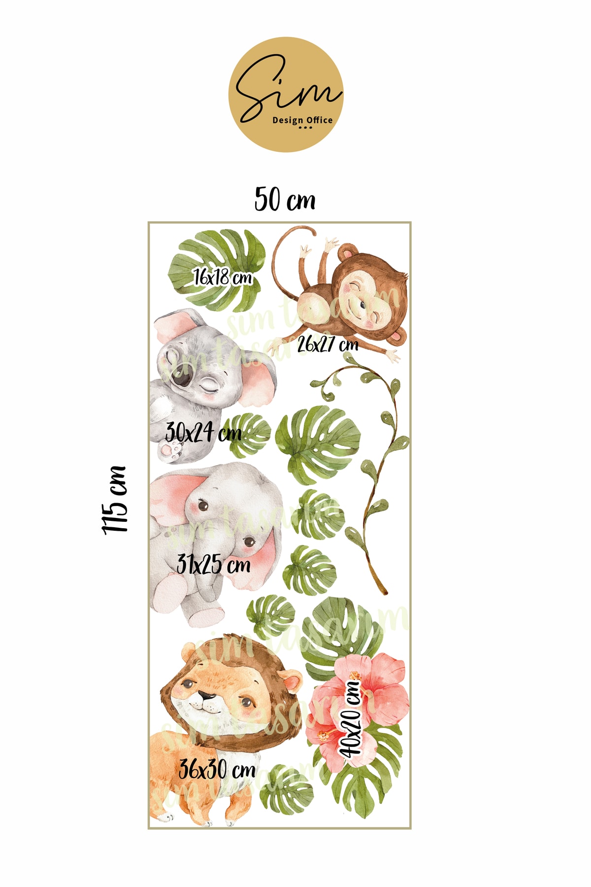 Sim Tasarım - Kapı Sticker - Suluboya Tropikal Safari Hayvanlar Çocuk Odası Kapı Sticker Seti fotoğrafı 2 (önizleme)