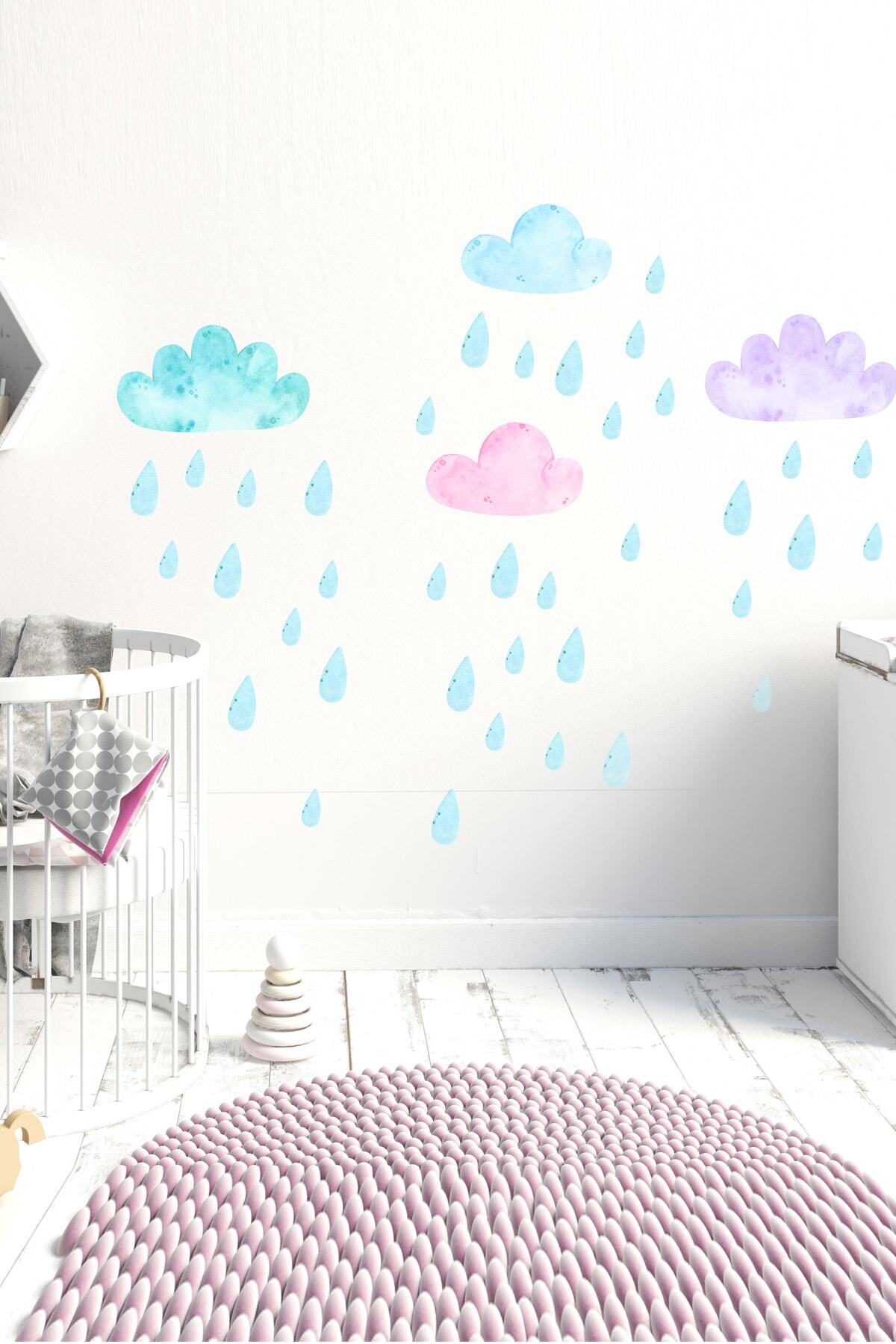 Watercolor Colorful Clouds And Raindrops Wall Stickers Set - Sim742