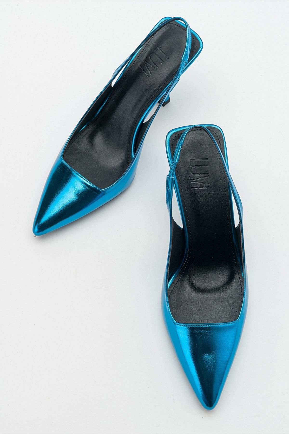 کفش پاشنه کلاسیک آبی زنانه فلزی اورجینال luvishoes