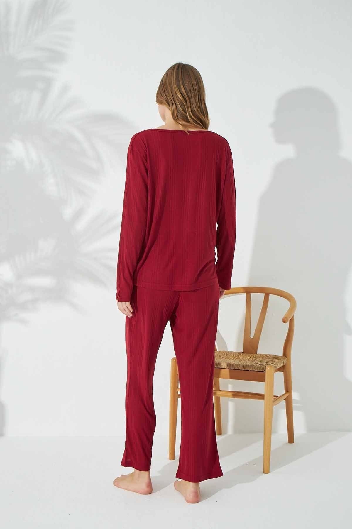 Siyah İnci-Claret Red Soft Touch Thin Knitted Pajama Set 3