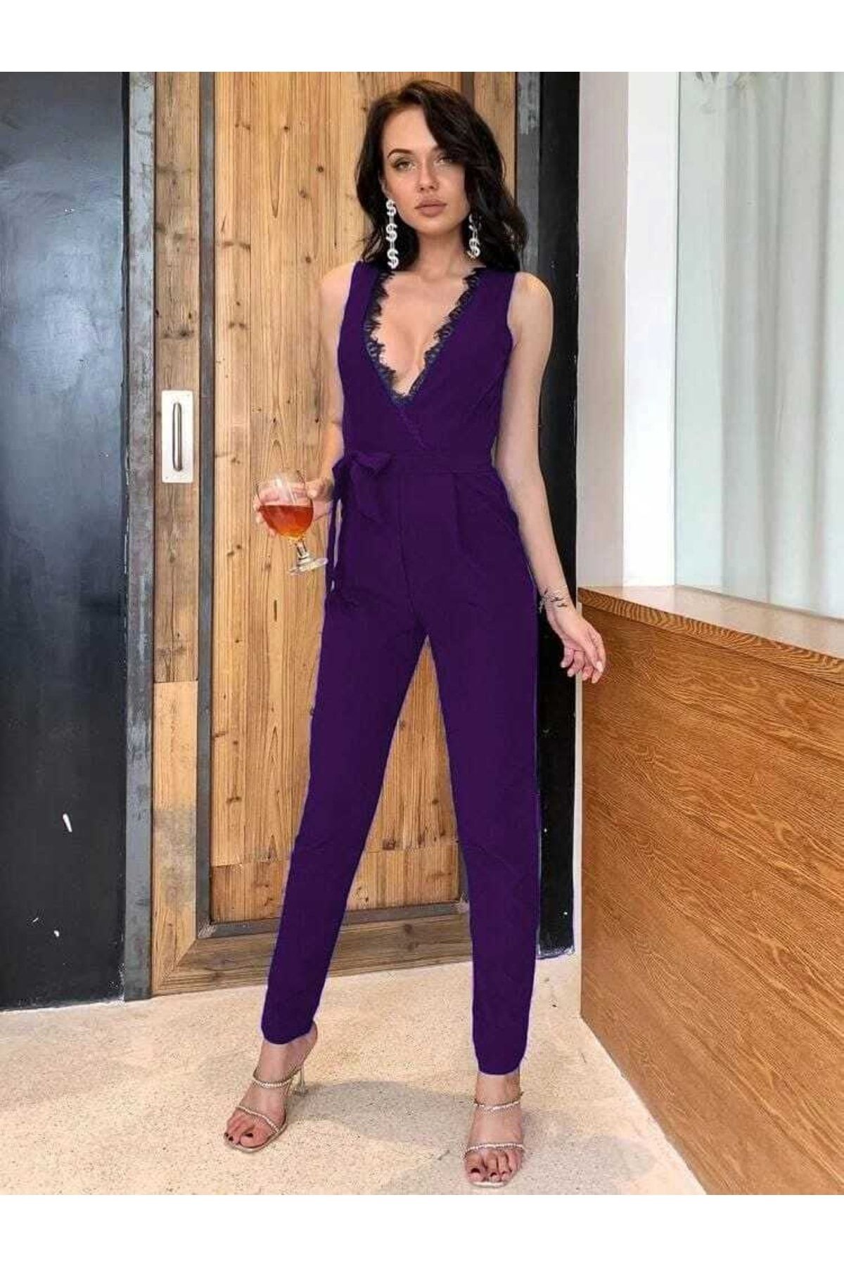 Secret Passion Lingerie Purple Flexible Crepe Fabric Self Belt Collar Lace Detailed Pocket Jumpsuit 681 582083