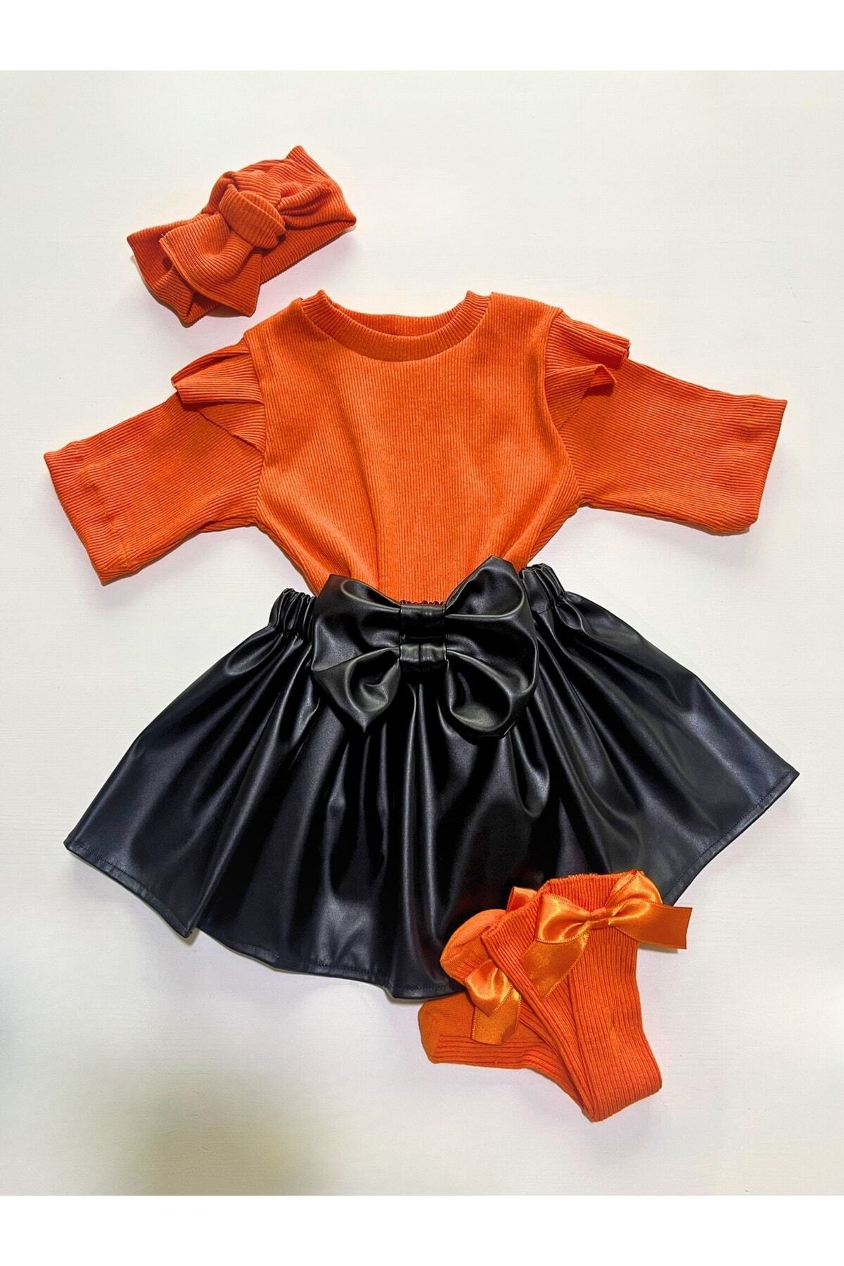 Turuncu Badi, Deri Etek, Bandana, Fiyonklu Çorap Takımı Etek Badi Çorap Bandana Seti. 6 Aydan 6 Yaşa